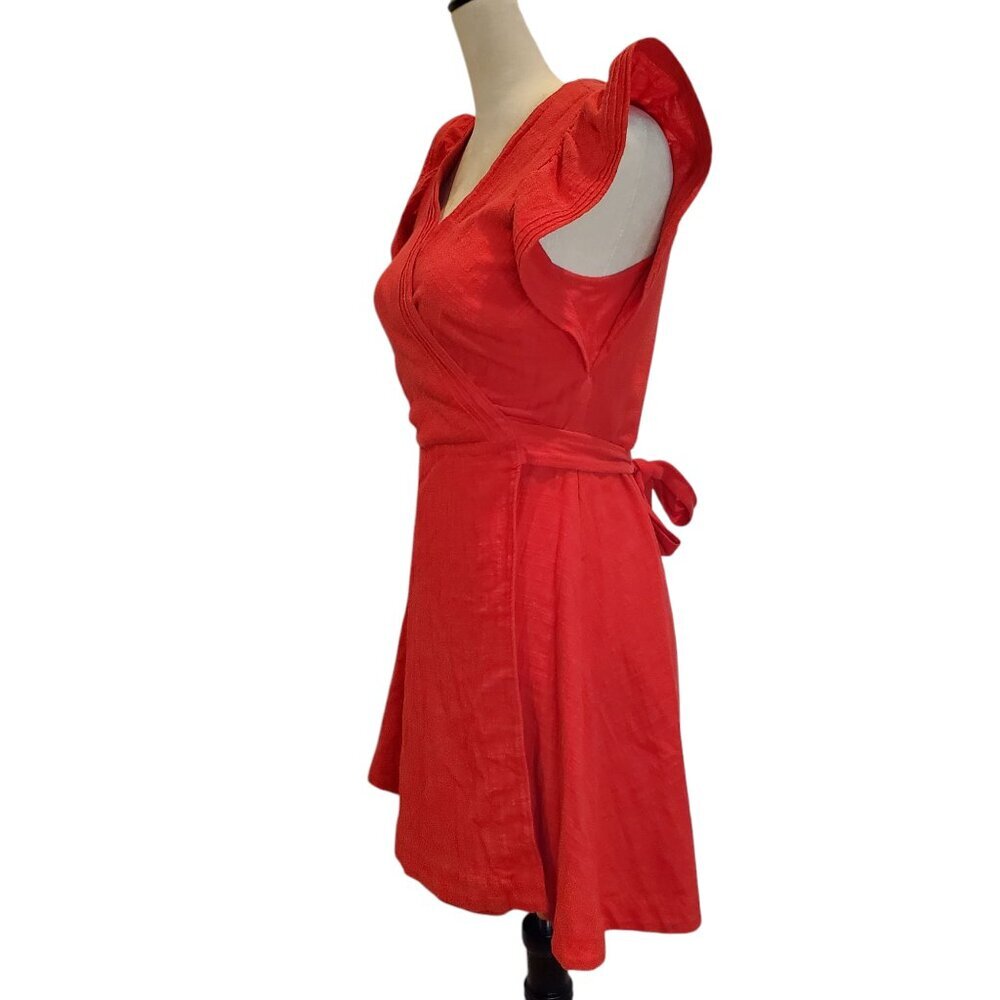 MADEWELL Red Mini Dress Ruffle-Sleeve Wrap 100% Cotton - Picture 2 of 14